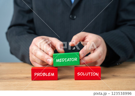 Wooden blocks with the word Mediation problem solution. Settlement of disputes by mediation. Dispute Resolution. Third party, intermediary. Wooden blocks with the word Mediation problem solution. Settlement of disputes by mediation. Dispute Resolution. Third party, intermediary. 123538996