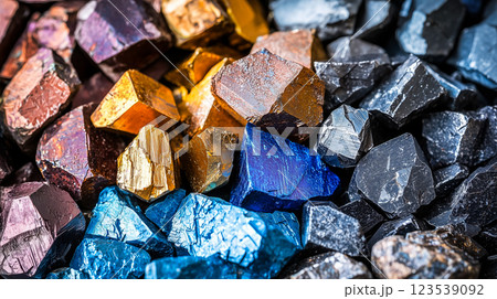 複雑な表面反射を持つ鮮やかな希少金属結晶 複雑な表面反射を持つ鮮やかな希少金属結晶 123539092