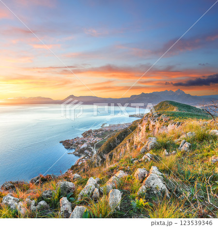 Amazing view of Porticello and Santa Flavia towns and national park Orientata Pizzo Cane 123539346