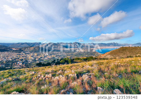 Panoramic view of Bagheria  and Palermo towns and national park Orientata Pizzo Cane. 123539348