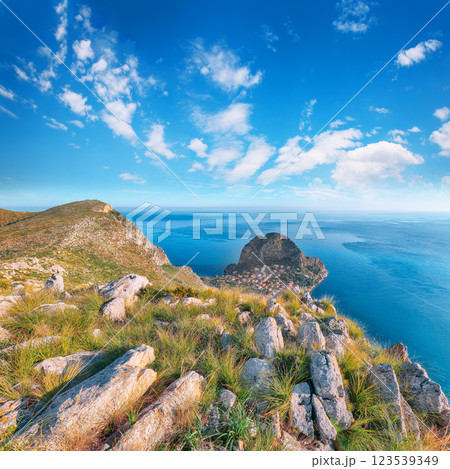 Amazing view of Santa Flavia town with cape Zafferano and national park Orientata Pizzo Cane. Amazing view of Santa Flavia town with cape Zafferano and national park Orientata Pizzo Cane. 123539349