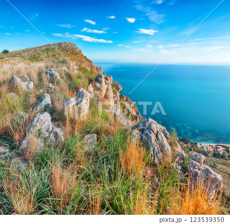 Spectacular view of Santa Flavia town with cape Zafferano and national park Orientata Pizzo Cane. Spectacular view of Santa Flavia town with cape Zafferano and national park Orientata Pizzo Cane. 123539350