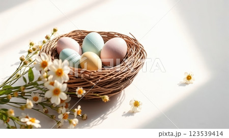 wicker nest filled with pastel-colored Easter eggs wicker nest filled with pastel-colored Easter eggs 123539414