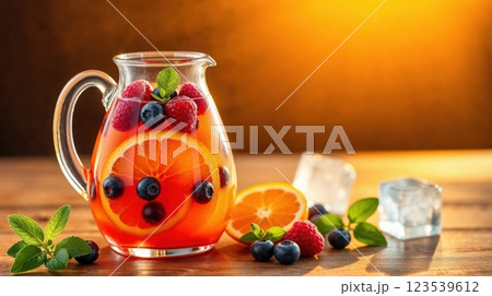 glass jar decanter with compote and pieces of fruits 123539612