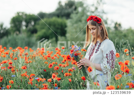Ukraine's Constitution day. 24 August. Patriotic holiday. outdoor portrait. Girl in traditional embroidery collecting poppies in field. Blooming Poppies memory symbol. 123539639