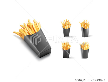 Blank black paper pack with french fries mockup, different views 123539823