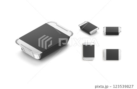 Blank aluminium foil container black paper label mockup, different views 123539827