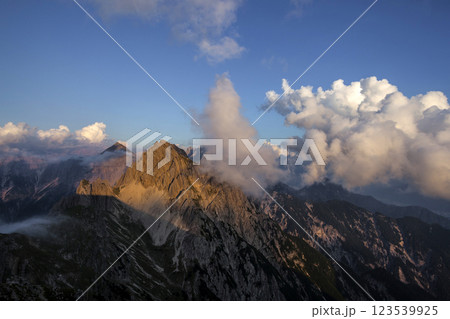 Panoramic view Freyungen mountains  from Nordlinger hut on Karwendel Hohenweg, Austria 123539925