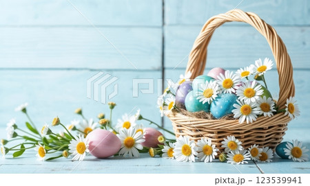 Easter basket with colorful decorated eggs 123539941