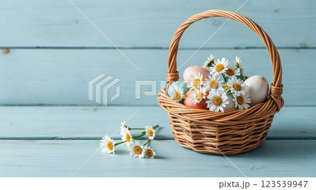 Easter basket with colorful decorated eggs 123539947