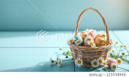 Easter basket with colorful decorated eggs 123539948