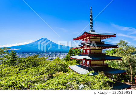 富士山と五重塔　新倉富士浅間神社から眺望 123539951
