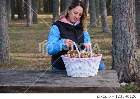 a girl with a basket of mushrooms 123540120