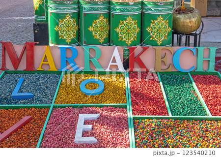 Colourful dried flowers with the inscription Love Marrakech . Morocco. 123540210