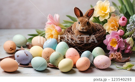 Little Bunny In Basket With Decorated Eggs - Easter Card 123540293
