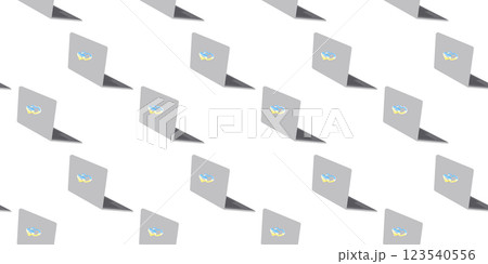 Laptop Heart sticker Ukrainian flag colors on lid Seamless Pattern. Online study Pc shop Background 123540556