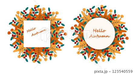 Hello Autumn Freehand lettering Quadratic and Circular Note Pages Autumn Leaves Frame borders Set 2 123540559