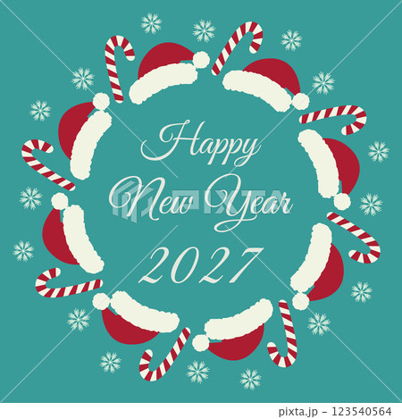Happy New Year 2027 Freehand text, Santa hats, Candy cane and snowflakes Circle frame border concept 123540564