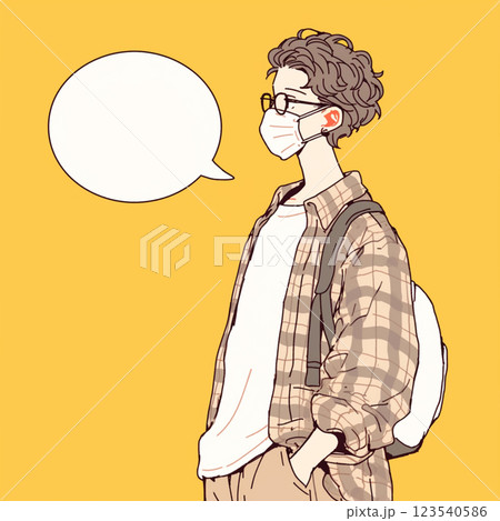 【フキダシ】マスクをした大学生の男性と吹き出し 123540586
