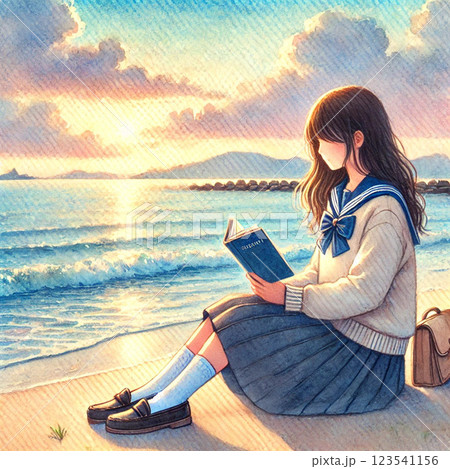 春の海辺で本を読む制服姿の少女 123541156