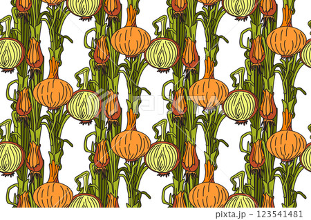 Botanical abstract seamless pattern with juicy onions vector illustration. Colorful vegetables repeating cartoon pattern in white color background. Graphic design for Fashion Cover Textile Birthday 123541481