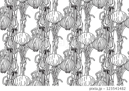 Line art seamless pattern with onions plants vector illustration. Hand drawn outline repeating vegetables pattern background. Graphic design for Cover Coloring Book Textile Fashion Print Birthday Card 123541482