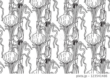 Line art seamless pattern with onions plants vector illustration. Hand drawn outline repeating vegetables pattern background. Graphic design for Cover Coloring Book Textile Fashion Print Birthday Card 123541486