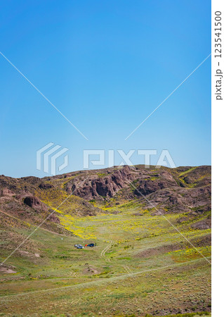 An off-road tourist trip to the mountains of Almaty. picnic on four-wheel drive cars in the steppe 123541500