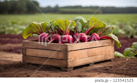 Fresh beet from field. harvest. Beet in a wooden crate. 123541525