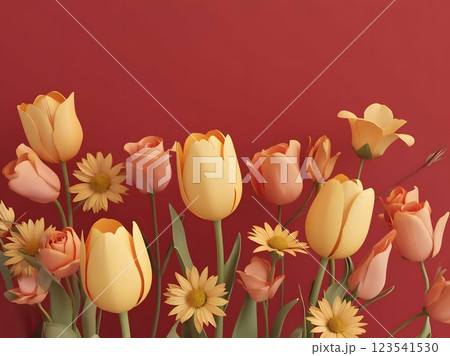 Tulips on a red background. Design for wallpaper, posters, banners, cards, print. 123541530