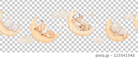 Seamless border with cute baby deer, bunny and bear sleeping on moon, watercolor illustrations. Woodland animals, repeating hand drawn design on white background 123541548