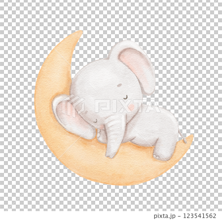 Watercolor cute elephant sleeping on moon, watercolor hand drawn illustration for children, painted drawing with isolated background Watercolor cute elephant sleeping on moon, watercolor hand drawn illustration for children, painted drawing with isolated background 123541562