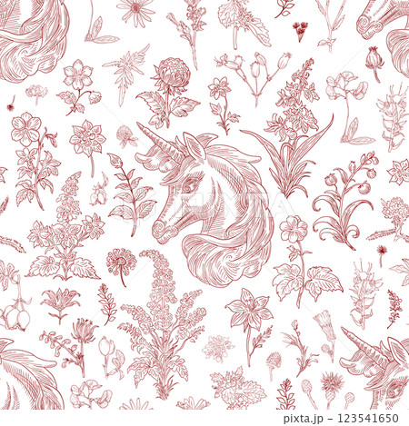 Floral and Unicorn Seamless Pattern: Elegant Vector Illustration for Fabrics, Wallpapers, and Packaging Design Floral and Unicorn Seamless Pattern: Elegant Vector Illustration for Fabrics, Wallpapers, and Packaging Design 123541650