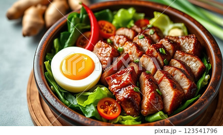 Rustic Gourmet Bowl of Roasted Duck with Vegetables and Boiled Egg 123541796