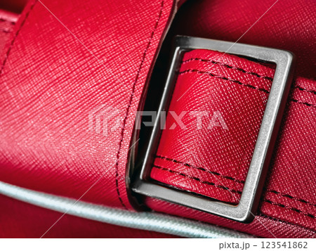 Close-up view of a bright red handbag showcasing detailed stitching and metallic buckle in a well-lit setting Close-up view of a bright red handbag showcasing detailed stitching and metallic buckle in a well-lit setting 123541862