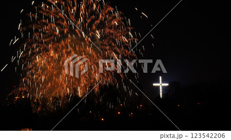 Colorful fireworks at holiday night 123542206