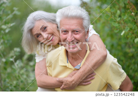 Loving mature couple in the park in summer 123542248