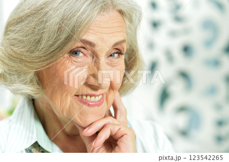 Portrait of smiling senior woman posing at home Portrait of smiling senior woman posing at home 123542265