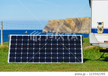 Solar photovoltaic panel at caravan on coast Solar photovoltaic panel at caravan on coast 123542395