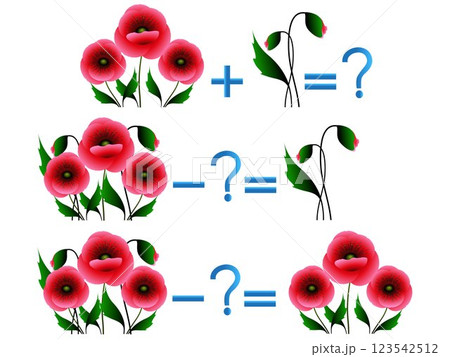 Action relationship of addition and subtraction, examples with flowers. Action relationship of addition and subtraction, examples with flowers. 123542512