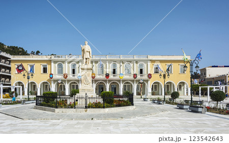 Greece, Zakynthos island, Zakynthos - June 17, 2016: Monument to the national poet Dionysus Solomos on the background of the Byzantine Museum Greece, Zakynthos island, Zakynthos - June 17, 2016: Monument to the national poet Dionysus Solomos on the background of the Byzantine Museum 123542643