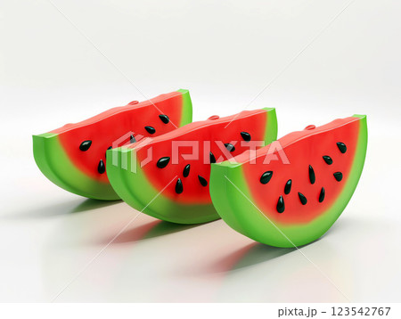 Three watermelon slices isolated on a white surface. Illustration 123542767