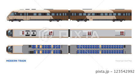 Modern train passenger seat map. Top and side view of 3d locomotive model. Rail transport interior scheme. Brown express isolated drawing 123542992