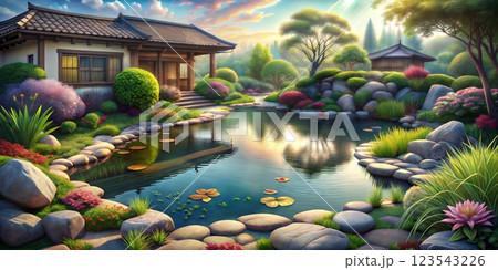 A stunning Japanese garden with a reflective pond, colorful blooms, and classic architecture nestled in a lush, green setting 123543226