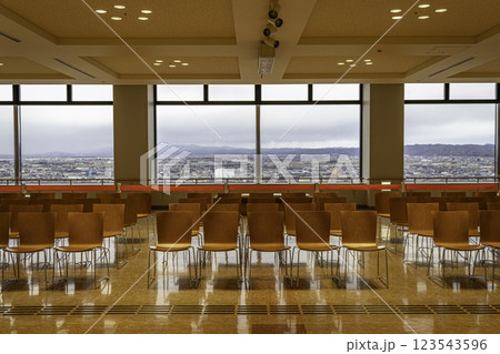 Meeting room at Ishikawa Prefectural Office, Kanazawa, Japan, with Kanazawa and Japan Sea in distance Meeting room at Ishikawa Prefectural Office, Kanazawa, Japan, with Kanazawa and Japan Sea in distance 123543596