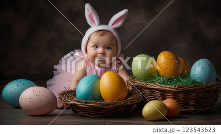 Baby in a white dress playing with colorful Easter eggs in a basket. 123543623