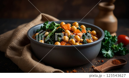 Hearty chickpea and kale stew with rich spices 123543627