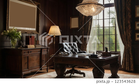 Victorian-style home office with dark wooden furniture and a classic atmosphere. 123543628