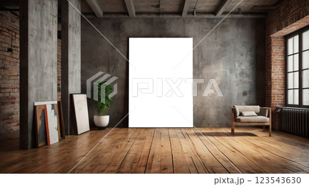 Urban loft with high ceilings and a rustic wooden aesthetic. 123543630