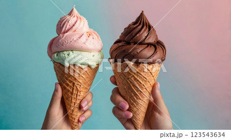 Two hands holding colorful ice cream cones against a pastel background. 123543634